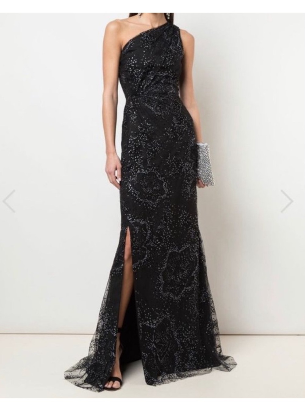 Marchesa Black One-Shoulder Beaded Evening Gown